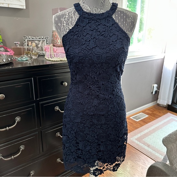 Lulus Navy Floral Lace Bodycon Mini Dress Size Large - Picture 2 of 15